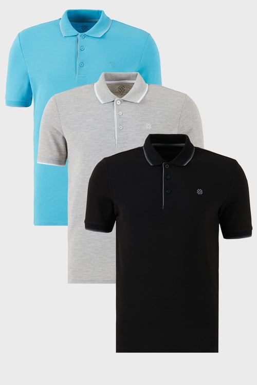 Pamuklu Regular Fit Şerit Detaylı Düğmeli Polo Yaka 3'lü Paket Erkek T Shirt 5902118S3 Siyah-Gri-Aqua Mavi