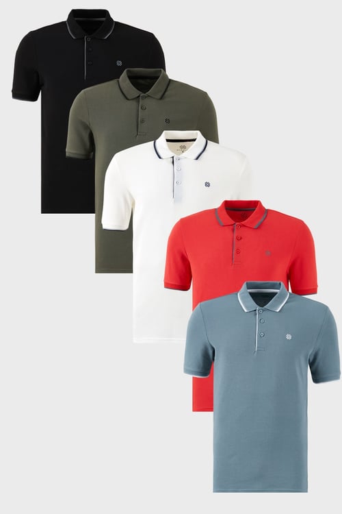 Pamuklu Regular Fit Şerit Detaylı Düğmeli Polo Yaka 5'li Paket Erkek T Shirt 5902118S5 Siyah-Haki-Mavi-Kırmızı-Beyaz