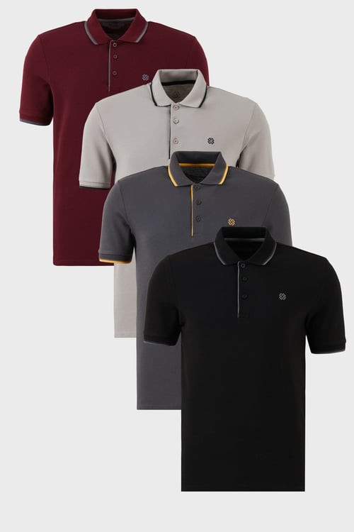 Pamuklu Regular Fit Şerit Detaylı Düğmeli Polo Yaka 4'lü Paket Erkek T Shirt 5902118S4 Siyah-Vişne-Antrasit-Taş