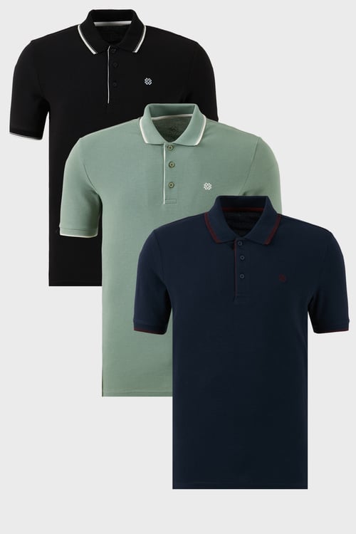 Pamuklu Regular Fit Şerit Detaylı Düğmeli Polo Yaka 3'lü Paket Erkek T Shirt 5902118S3 Siyah-Beyaz-Lacivert-Bordo-Elma Yeşili-Beyaz
