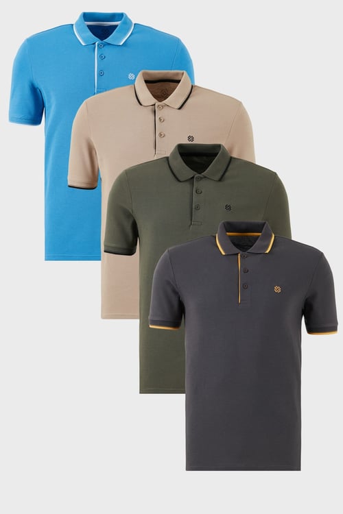 Pamuklu Regular Fit Şerit Detaylı Düğmeli Polo Yaka 4'lü Paket Erkek T Shirt 5902118S4 Antrasit-Haki-Koyu Mavi-Vizon