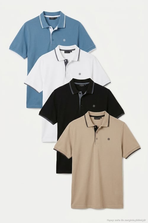 Pamuklu Regular Fit Şerit Detaylı Düğmeli Polo Yaka 4'lü Paket Erkek T Shirt 5902118S4 Siyah-Beyaz-Mavi-Vizon