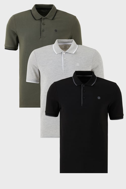 Pamuklu Regular Fit Şerit Detaylı Düğmeli Polo Yaka 3'lü Paket Erkek T Shirt 5902118S3 Siyah-Haki-Gri Melanj