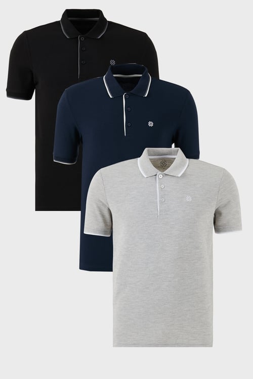 Pamuklu Regular Fit Şerit Detaylı Düğmeli Polo Yaka 3'lü Paket Erkek T Shirt 5902118S3 Siyah-Gri Melanj-Lacivert