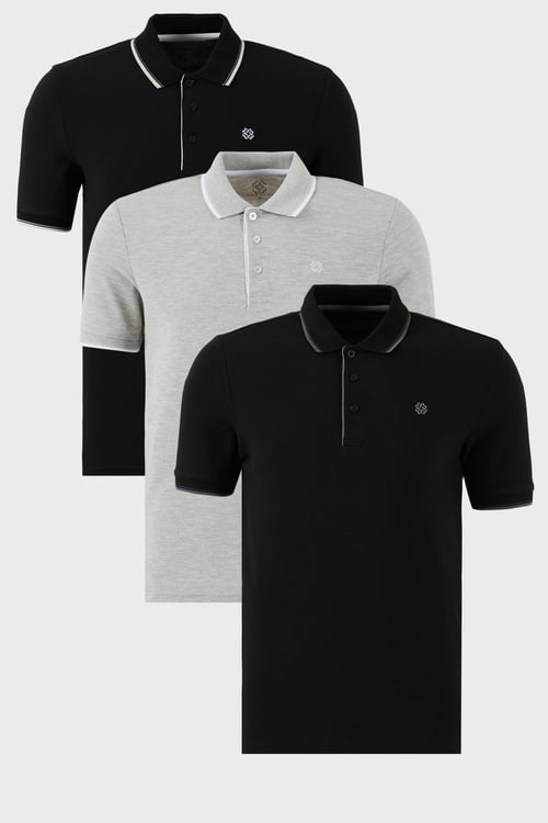 Pamuklu Regular Fit Şerit Detaylı Düğmeli Polo Yaka 3'lü Paket Erkek T Shirt 5902118S3 Siyah-Gri Melanj-Siyah-Beyaz