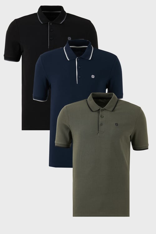 Pamuklu Regular Fit Şerit Detaylı Düğmeli Polo Yaka 3'lü Paket Erkek T Shirt 5902118S3 Siyah-Haki-Lacivert