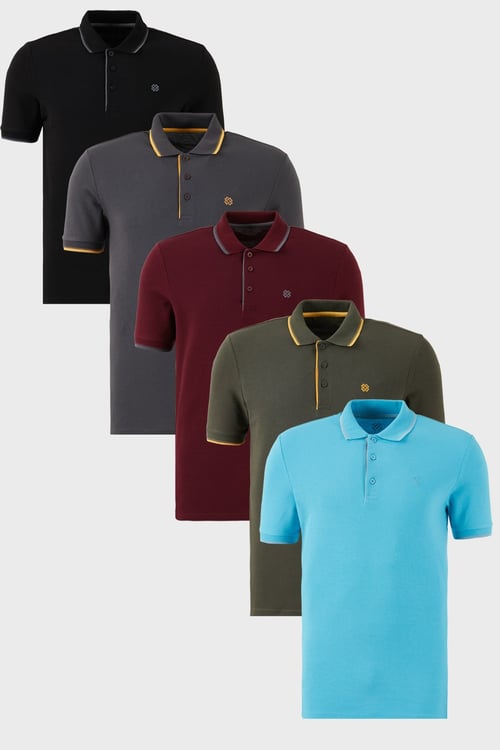 Pamuklu Regular Fit Şerit Detaylı Düğmeli Polo Yaka 5'li Paket Erkek T Shirt 5902118S5 Siyah-Antrasit-Hakisarı-Vişne-Aquamavi