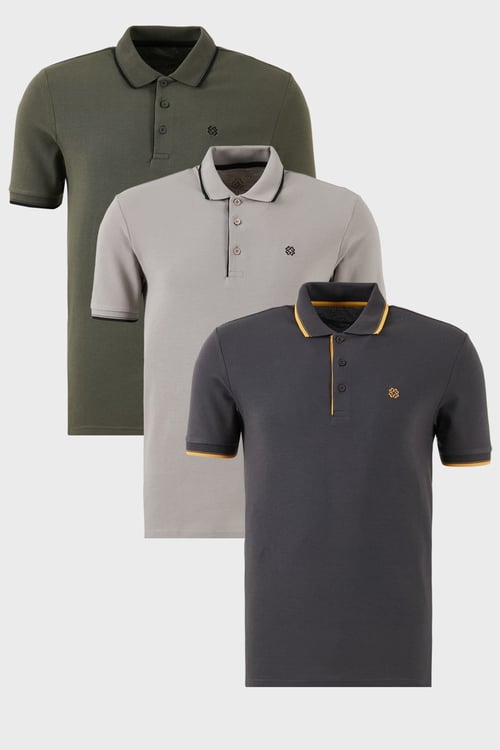 Pamuklu Regular Fit Şerit Detaylı Düğmeli Polo Yaka 3'lü Paket Erkek T Shirt 5902118S3 Antrasit-Haki-Taş