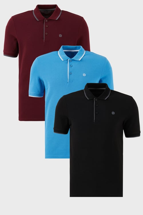 Pamuklu Regular Fit Şerit Detaylı Düğmeli Polo Yaka 3'lü Paket Erkek T Shirt 5902118S3 Siyah-Vişne-Koyu Mavi