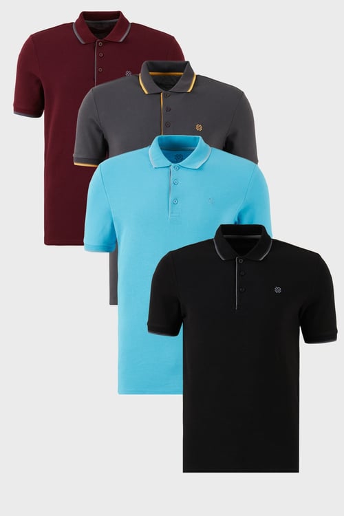 Pamuklu Regular Fit Şerit Detaylı Düğmeli Polo Yaka 4'lü Paket Erkek T Shirt 5902118S4 Siyah-Vişne-Antrasit-Aquamavi