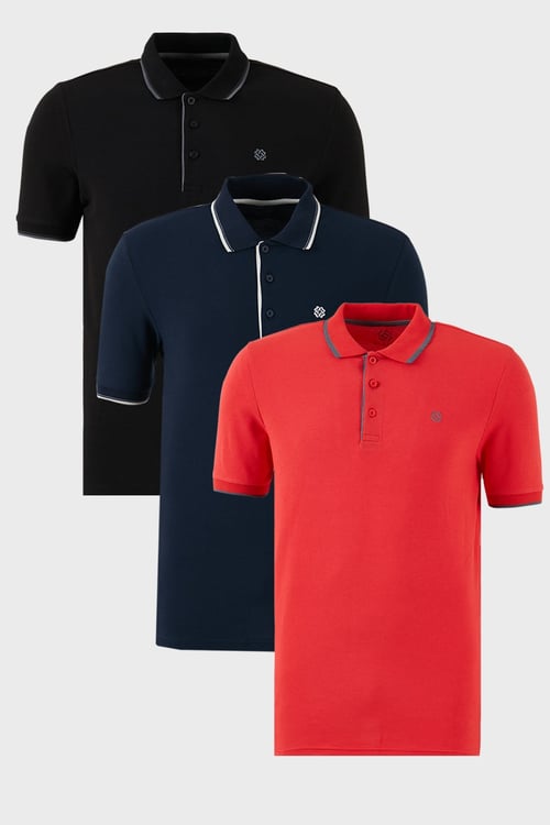 Pamuklu Regular Fit Şerit Detaylı Düğmeli Polo Yaka 3'lü Paket Erkek T Shirt 5902118S3 Siyah-Kırmızı-Lacivert