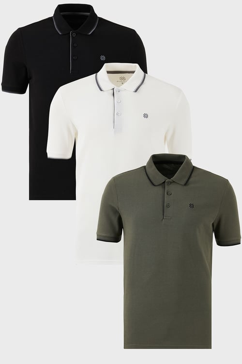 Pamuklu Regular Fit Şerit Detaylı Düğmeli Polo Yaka 3'lü Paket Erkek T Shirt 5902118S3 SİYAH-BEYAZ-HAKİ