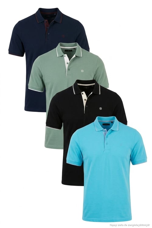 Pamuklu Regular Fit Şerit Detaylı Düğmeli Polo Yaka 4'lü Paket Erkek T Shirt 5902118S4 A Mavi-S Beyaz-L Bordo-E Yeşili-Beyaz