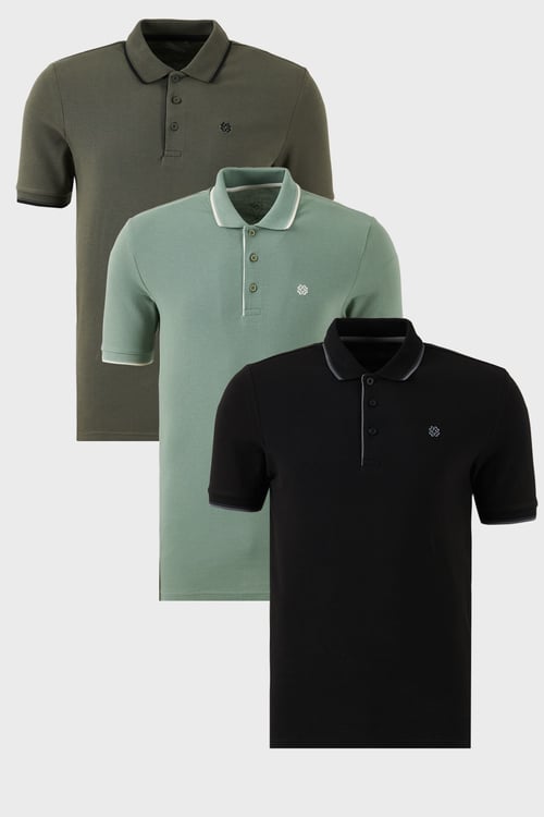 Pamuklu Regular Fit Şerit Detaylı Düğmeli Polo Yaka 3'lü Paket Erkek T Shirt 5902118S3 Siyah-Haki-Elma Yeşili-Beyaz