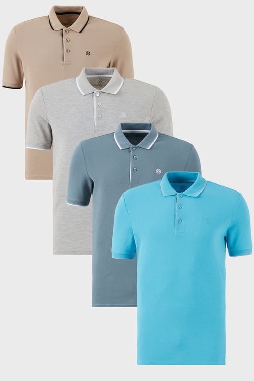 Pamuklu Regular Fit Şerit Detaylı Düğmeli Polo Yaka 4'lü Paket Erkek T Shirt 5902118S4 Gri Melanj-Aquamavi-Mavi-Vizon