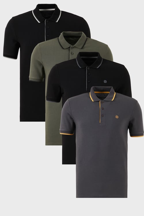 Pamuklu Regular Fit Şerit Detaylı Düğmeli Polo Yaka 4'lü Paket Erkek T Shirt 5902118S4 SİYAH-ANTRASİT-HAKİ-SİYAHBEYAZ