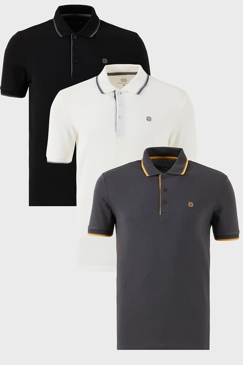 Pamuklu Regular Fit Şerit Detaylı Düğmeli Polo Yaka 3'lü Paket Erkek T Shirt 5902118S3 Siyah-Beyaz-Antrasit