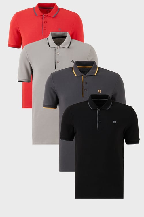 Pamuklu Regular Fit Şerit Detaylı Düğmeli Polo Yaka 4'lü Paket Erkek T Shirt 5902118S4 Siyah-Kırmızı-Antrasit-Taş