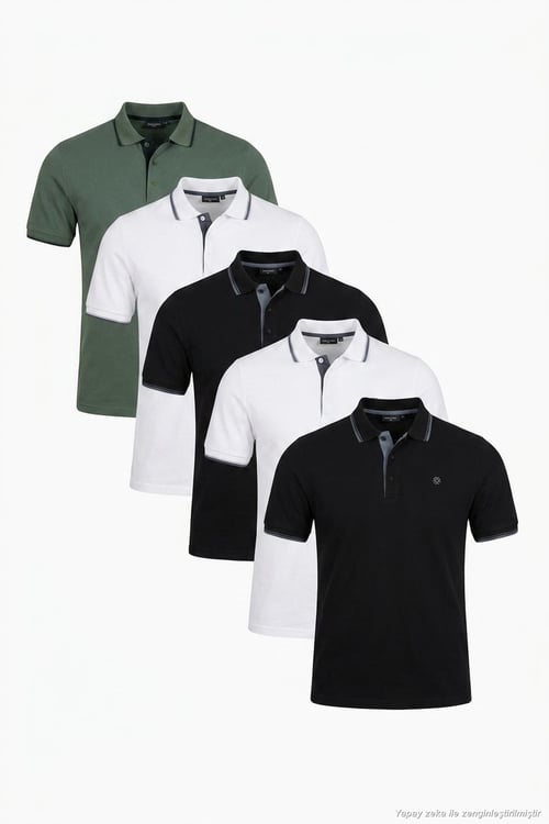 Pamuklu Regular Fit Şerit Detaylı Düğmeli Polo Yaka 5'li Paket Erkek T Shirt 5902118S5 Siyah-Siyah-Beyaz-Beyaz-Haki