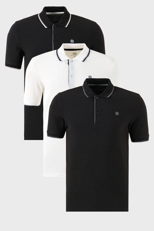 Pamuklu Regular Fit Şerit Detaylı Düğmeli Polo Yaka 3'lü Paket Erkek T Shirt 5902118S3 SİYAH-BEYAZ-SİYAHBEYAZ