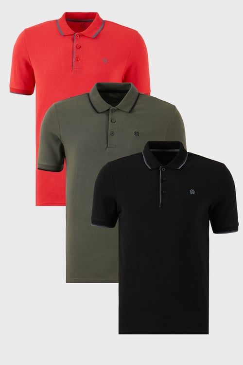 Pamuklu Regular Fit Şerit Detaylı Düğmeli Polo Yaka 3'lü Paket Erkek T Shirt 5902118S3 Siyah-Kırmızı-Haki