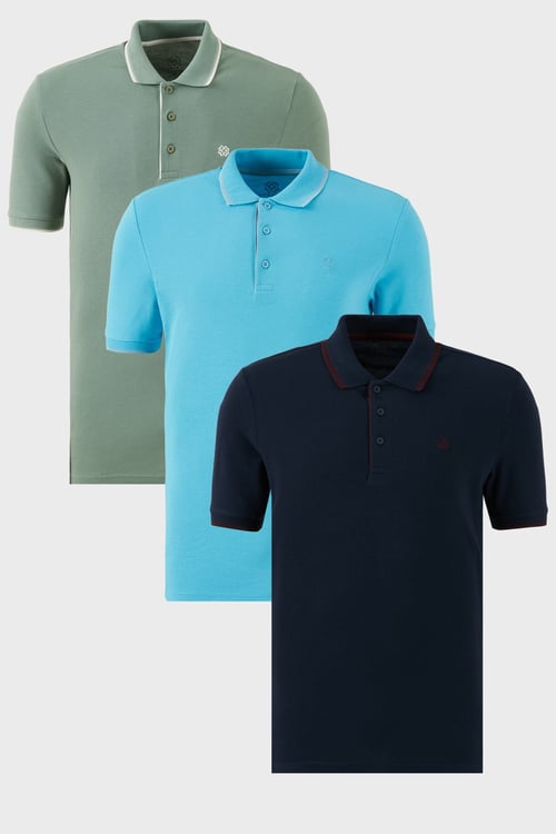 Pamuklu Regular Fit Şerit Detaylı Düğmeli Polo Yaka 3'lü Paket Erkek T Shirt 5902118S3 AquaMavi-Lacivert Bordo-Elma Yeşili-Beyaz