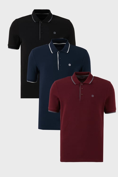 Pamuklu Regular Fit Şerit Detaylı Düğmeli Polo Yaka 3'lü Paket Erkek T Shirt 5902118S3 Siyah-Vişne-Lacivert