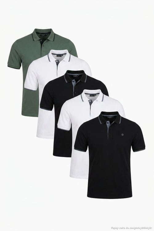 Pamuklu Regular Fit Şerit Detaylı Düğmeli Polo Yaka 5'li Paket Erkek T Shirt 5902118S5 Siyah-Siyah-Beyaz-Beyaz-Haki