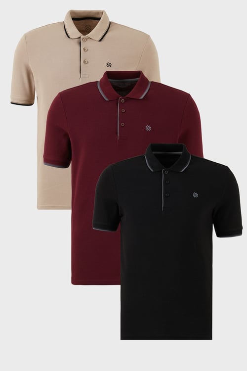 Pamuklu Regular Fit Şerit Detaylı Düğmeli Polo Yaka 3'lü Paket Erkek T Shirt 5902118S3 Siyah-Vişne-Vizon