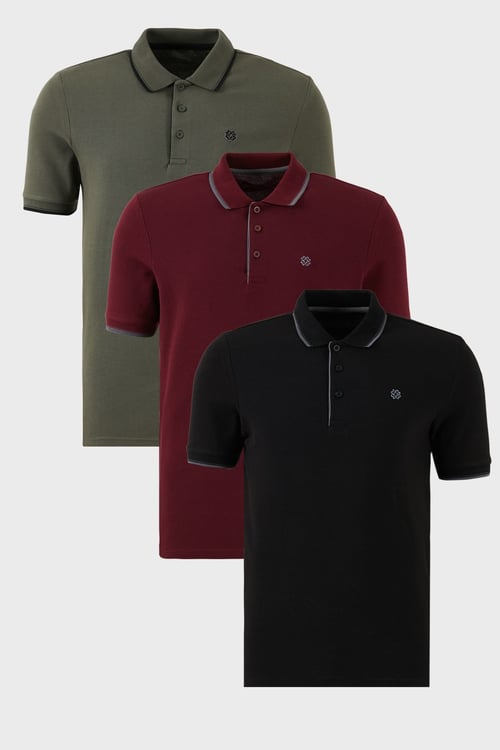 Pamuklu Regular Fit Şerit Detaylı Düğmeli Polo Yaka 3'lü Paket Erkek T Shirt 5902118S3 Siyah-Vişne Haki