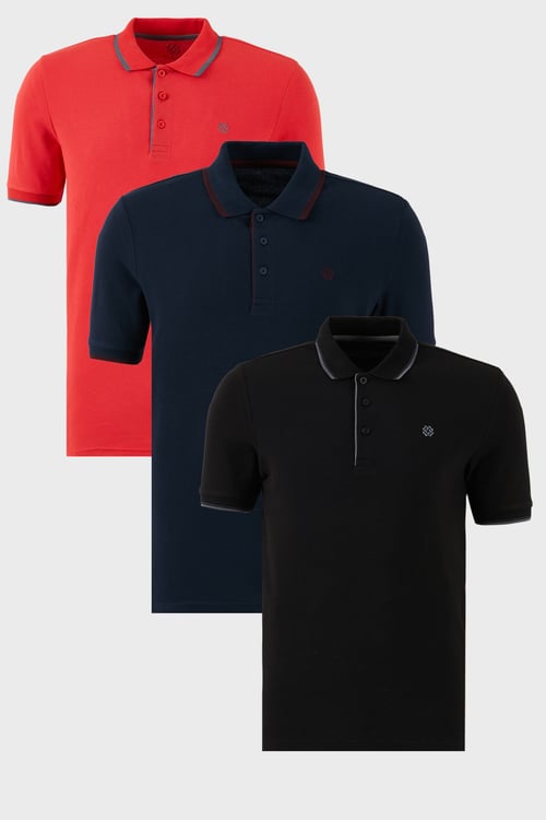 Pamuklu Regular Fit Şerit Detaylı Düğmeli Polo Yaka 3'lü Paket Erkek T Shirt 5902118S3 Siyah-Kırmızı-Lacivert-Bordo