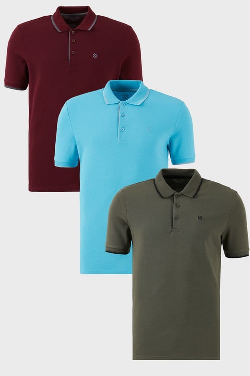 Pamuklu Regular Fit Şerit Detaylı Düğmeli Polo Yaka 3'lü Paket Erkek T Shirt 5902118S3 Vişne-Haki-Aquamavi