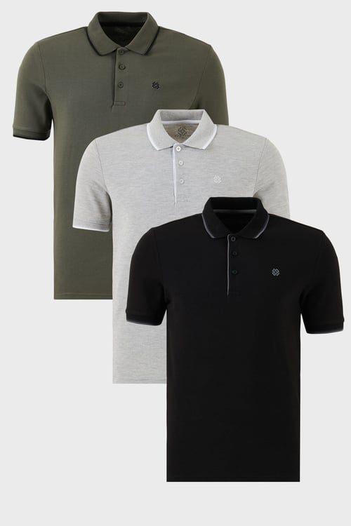 Pamuklu Regular Fit Şerit Detaylı Düğmeli Polo Yaka 3'lü Paket Erkek T Shirt 5902118S3 Siyah-Haki-Gri Melanj