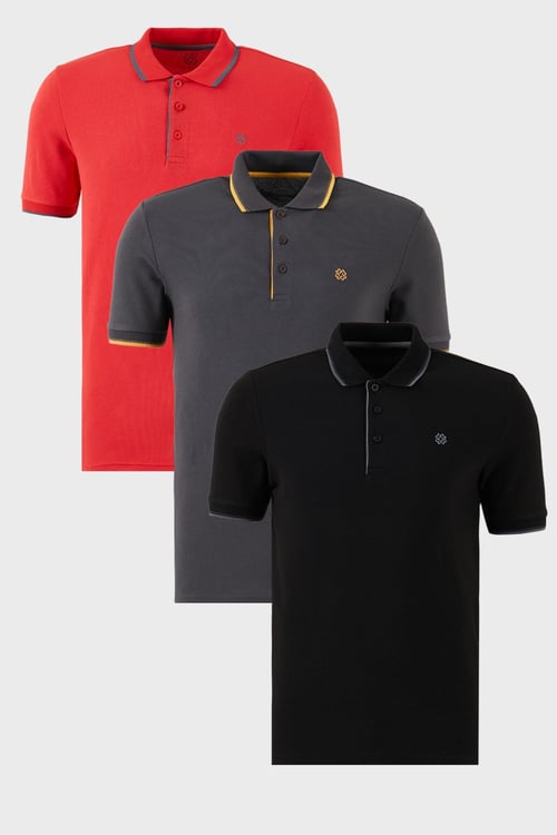 Pamuklu Regular Fit Şerit Detaylı Düğmeli Polo Yaka 3'lü Paket Erkek T Shirt 5902118S3 Siyah-Kırmızı-Antrasit