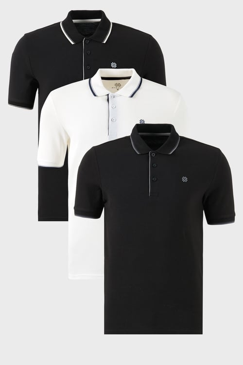 Pamuklu Regular Fit Şerit Detaylı Düğmeli Polo Yaka 3'lü Paket Erkek T Shirt 5902118S3 SİYAH-BEYAZ-SİYAHBEYAZ
