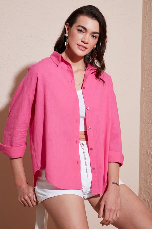 Pamuklu Regular Fit Uzun Kollu Düz Kadın Gömlek CF25S168305 Şeker Pembe