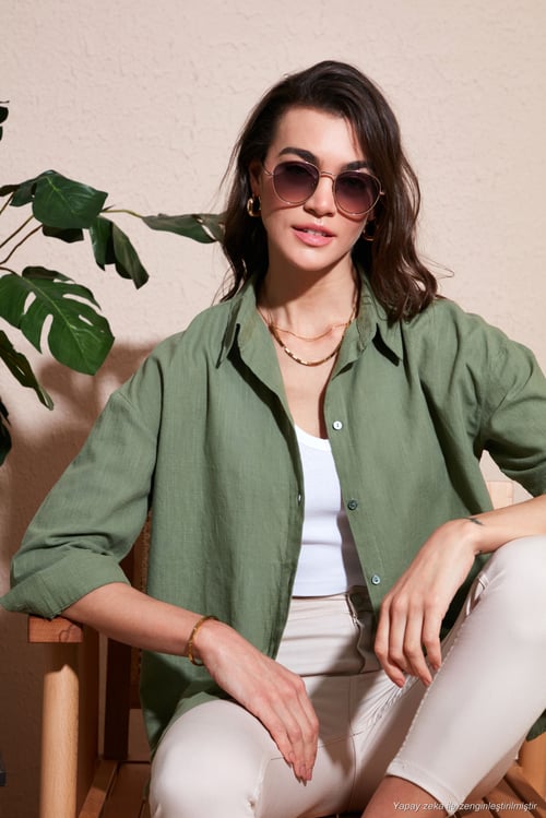 Pamuklu Regular Fit Uzun Kollu Düz Kadın Gömlek CF25S168305 HAKİ