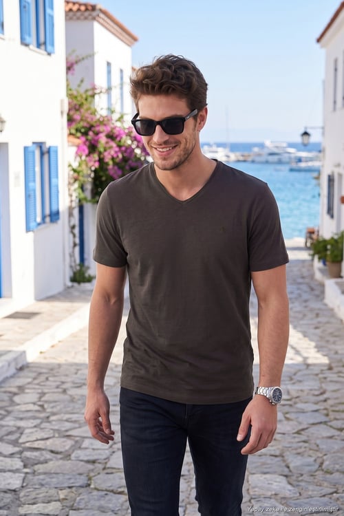Pamuklu Regular Fit V Yaka Erkek T Shirt 5902719 KAHVE