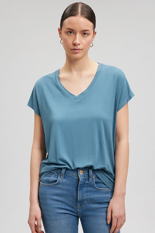 Pamuklu Regular Fit V Yaka Kadın T Shirt 167714-70753 MAVİ