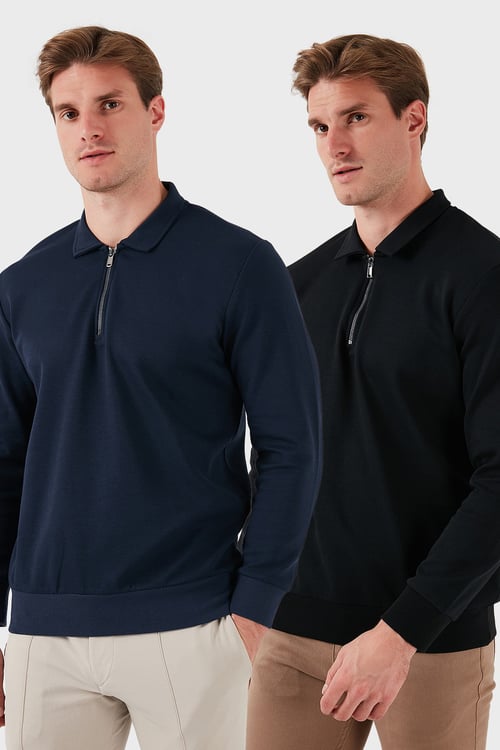 Pamuklu Regular Fit Yarım Fermuarlı 2'li Paket Polo Yaka Erkek Sweat 5905789S2 SİYAH-İNDİGO