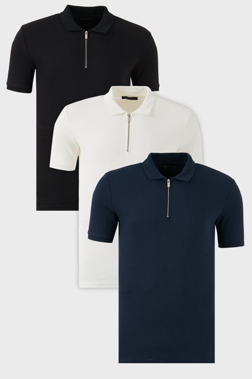 Pamuklu Regular Fit Yarım Fermuarlı 3'lü Paket Erkek Polo Yaka T Shirt 5902738S3 Siyah-Ekru-İndigo