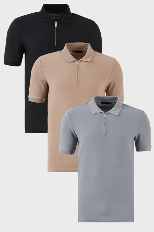 Pamuklu Regular Fit Yarım Fermuarlı 3'lü Paket Erkek Polo Yaka T Shirt 5902434S3 Siyah-Gri-Vizon