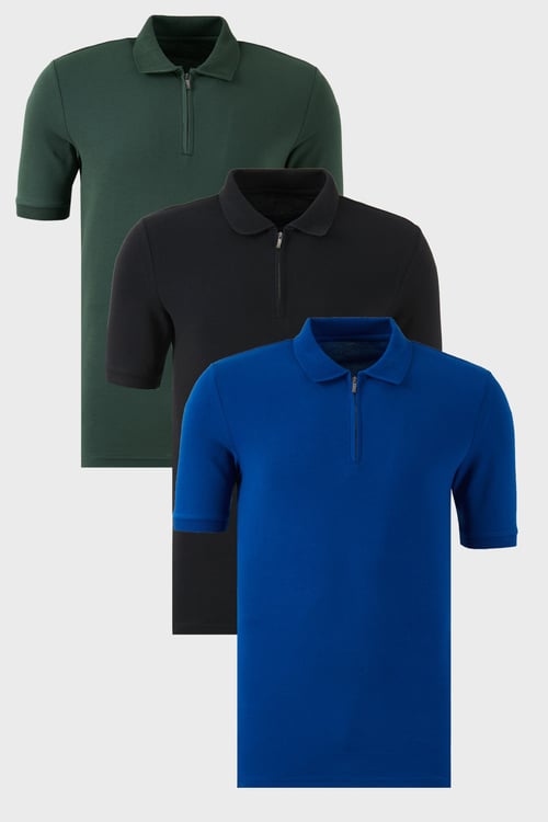 Pamuklu Regular Fit Yarım Fermuarlı 3'lü Paket Erkek Polo Yaka T Shirt 5903008S3 Siyah-Nefti-Saks