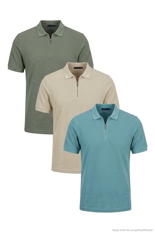 Pamuklu Regular Fit Yarım Fermuarlı 3'lü Paket Erkek Polo Yaka T Shirt 5902434S3 Taş-Açık Haki-Mavi