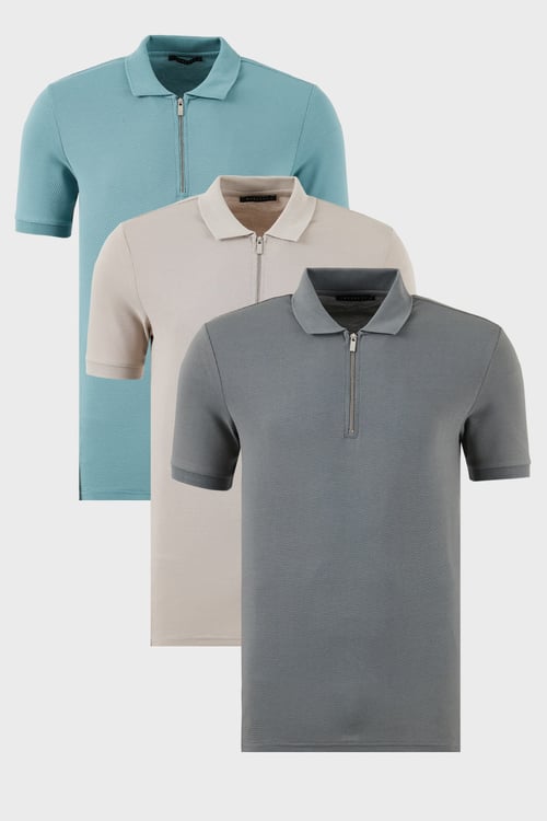 Pamuklu Regular Fit Yarım Fermuarlı 3'lü Paket Erkek Polo Yaka T Shirt 5902915S3 Açık Haki-Mavi-Gri