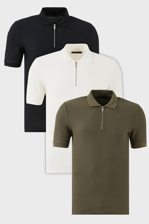 Pamuklu Regular Fit Yarım Fermuarlı 3'lü Paket Erkek Polo Yaka T Shirt 5902434S3 Siyah-Ekru-Haki