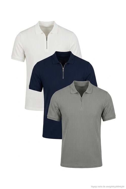 Pamuklu Regular Fit Yarım Fermuarlı 3'lü Paket Erkek Polo Yaka T Shirt 5902738S3 Ekru-Açık Haki-İndigo