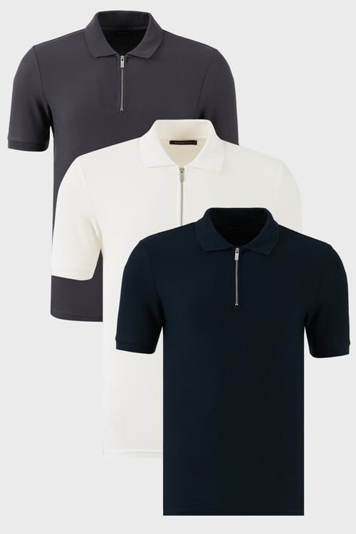Pamuklu Regular Fit Yarım Fermuarlı 3'lü Paket Erkek Polo Yaka T Shirt 5902434S3 Ekru-Antrasit-İndigo