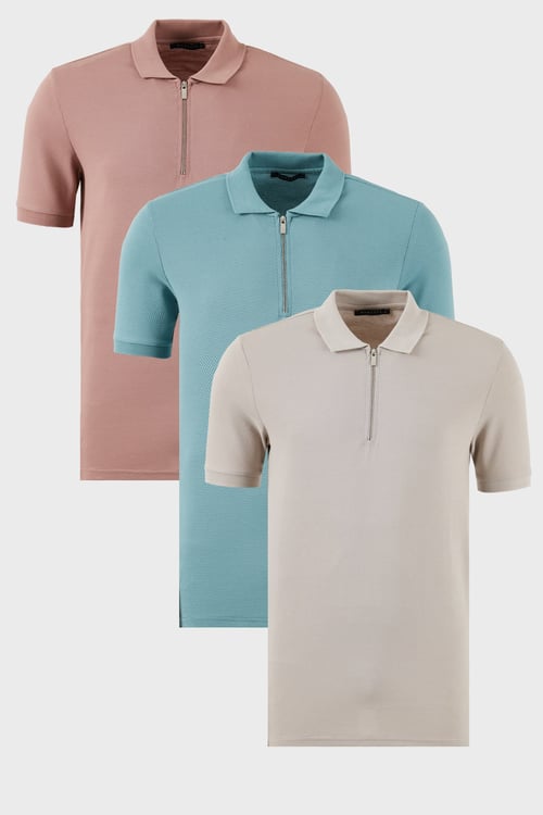 Pamuklu Regular Fit Yarım Fermuarlı 3'lü Paket Erkek Polo Yaka T Shirt 5902915S3 Pudra-Gri-Mavi
