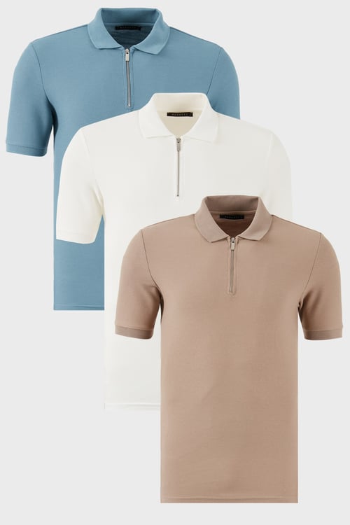 Pamuklu Regular Fit Yarım Fermuarlı 3'lü Paket Erkek Polo Yaka T Shirt 5902434S3 Ekru-Vizon-Mavi